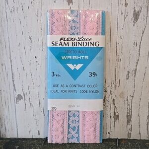 Vtg 1969 Wrights PINK 61 Nylon Flexi-Lace Hem Finish Seam Binding 3yds 305